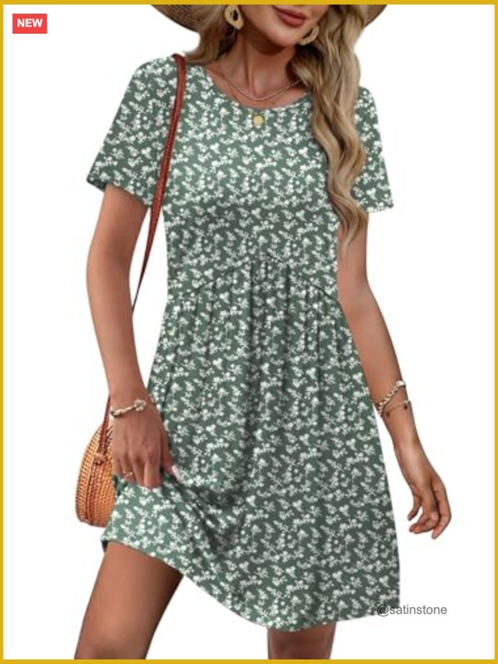Short Sleeve Crew Neck Casual Maternity Dress with Pockets Empire Waist A-Line - Picture 5 of 7